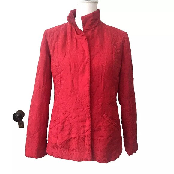 J.Jill Red Silk Blend Satin Jacquard Quilted Jacket Snap front Pockets - Picture 1 of 12